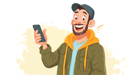 Obraz premium Cheerful Man Holding Smartphone Vector Illustration
