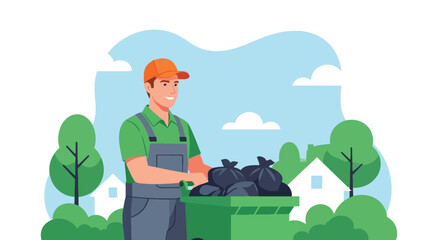 Flat style illustration of a sanitation worker disposing garbage bags into a green trash bin in a residential neighborhood, symbolizing waste management, cleanliness, and community responsibility