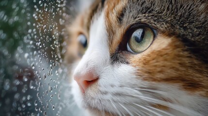 Calico Cat Gazing Through Rain-Streaked Window with Intense Focus.