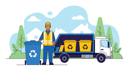 Flat style illustration of a sanitation worker with a recycling bin beside a green recycling truck in a suburban neighborhood, symbolizing waste management, sustainability, and environmental