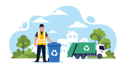 Flat style illustration of a sanitation worker with a recycling bin beside a green recycling truck in a suburban neighborhood, symbolizing waste management, sustainability, and environmental