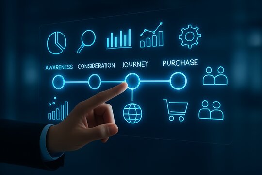 Hand pointing at a digital interface showing a customer journey with icons for awareness, consideration, journey, and purchase