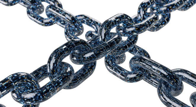 Interlocked, crystal-like chain links on black