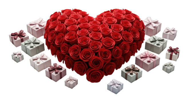 Heart-shaped roses surrounded by gifts with ribbons, isolated on black
