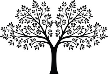 Obraz premium Symmetrical Tree Silhouette with Branches and Leaves for Nature, Growth, Family Tree, Logo, Decorative, and Vector Design Themes