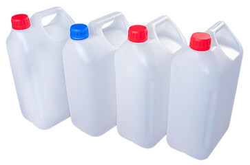 Four white plastic liquid containers on isolated background.
