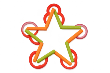 Colorful star shape made from building toy pieces, isolated on transparent background