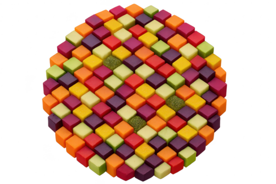 Colorful cube mosaic isolated on transparent background, arranged artistic