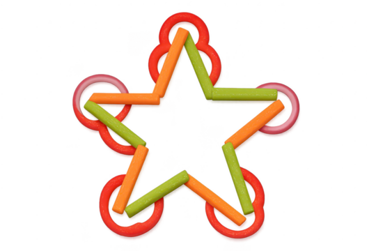 Colorful star shape made from building toy pieces, isolated on transparent background