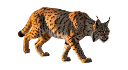 Lynx with spotted fur cautiously walking against a dark background