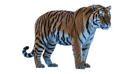 Majestic tiger stands against a dark backdrop, displaying its vibrant striped coat