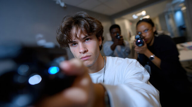 In a tense moment, three individuals aim their cameras, embodying focus and collaboration, depicting themes of teamwork, intensity, and the pursuit of a common goal.