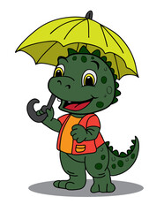 Dino with an unbrella and a red jacket