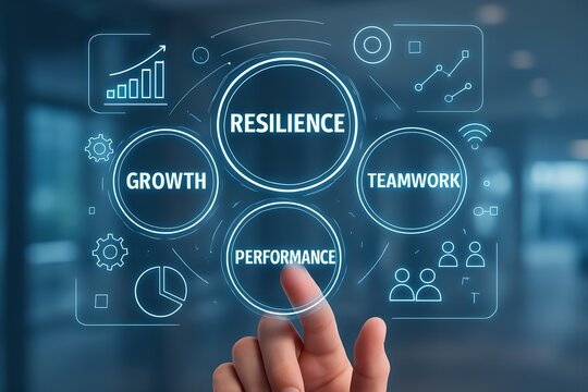 Hand interacting with a digital dashboard displaying resilience, teamwork, performance, and growth metrics - Powered by Adobe