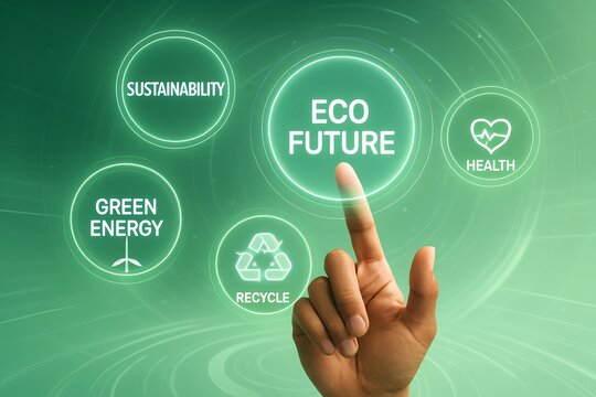 Finger touching a glowing green screen with icons representing eco future, sustainability, green energy, recycle, and health