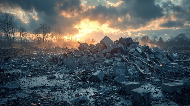 Rubble pile under dramatic sky