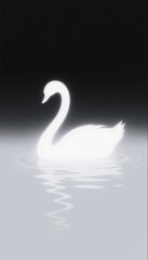 An illustration of a swan glowing with white light swimming in a night pond. Vector graphics. EPS.