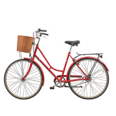 Classic red bicycle with basket isolated on transparent background