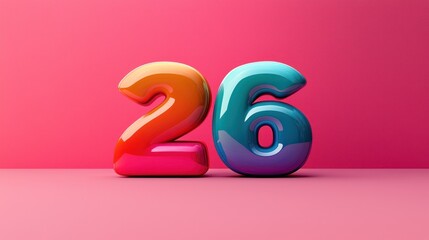 Shiny 3D number "26", bright pink background, colorful gradient effect