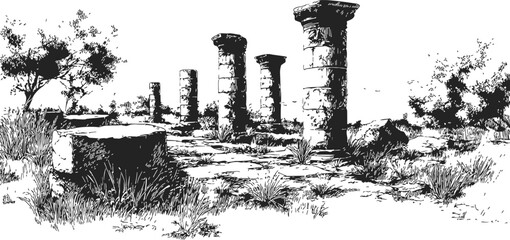 Obraz premium Ancient ruins sketch, hand drawn stone columns and overgrown landscape — stock vector