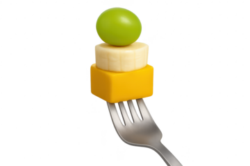 Fruit and cheese skewer on a fork, isolated on a transparent background