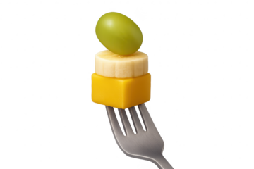 Fruit skewer on fork isolated on transparent background, mango, banana, grape