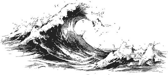 Ocean wave sketch, hand drawn style, powerful crest and splashing water — stock vector