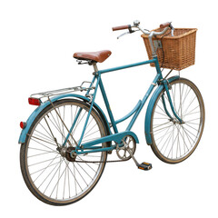 Vintage teal bicycle with wicker basket isolated on transparent background