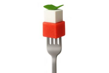 Abstract food blocks on a fork, isolated with a transparent background, modern