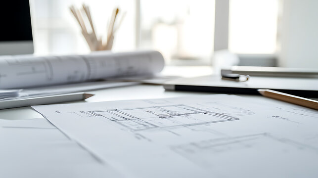 Architectural blueprints on a bright desk, featuring intricate floor plans and design elements. Workspace with drawing and drafting materials. Interior design concept.