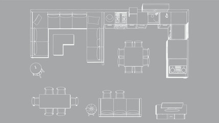 Obraz premium Top down view of a modern open concept kitchen and dining area floor plan in a clean white outline silhouette style
