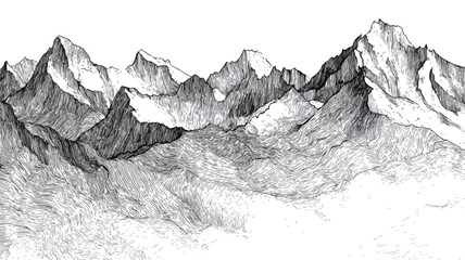 Detailed Hand Drawn Vector Contour Mountains Illustration