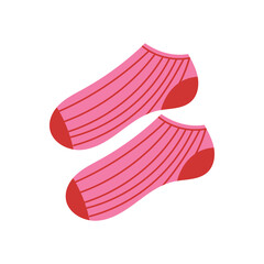 Pair of cute striped pink socks with red details. Vector illustration isolated on white background.