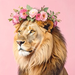 Lion with a floral crown on a pink backdrop