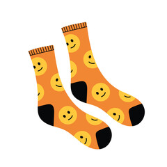 orange socks with smiley face pattern. Vector illustration isolated on white background.