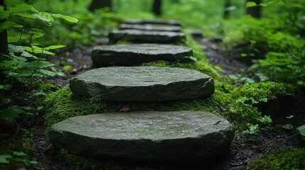 Naklejka premium Stone steps winding upwards through lush green moss in a forest setting