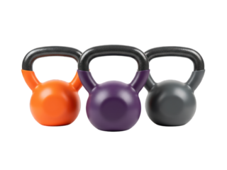Three colored kettlebells (orange, purple, gray) lined up