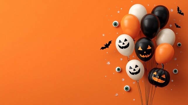 Festive halloween balloons with jackolantern faces on an orange background