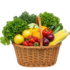 Wicker basket filled with fresh fruits and vegetables isolated on transparent background