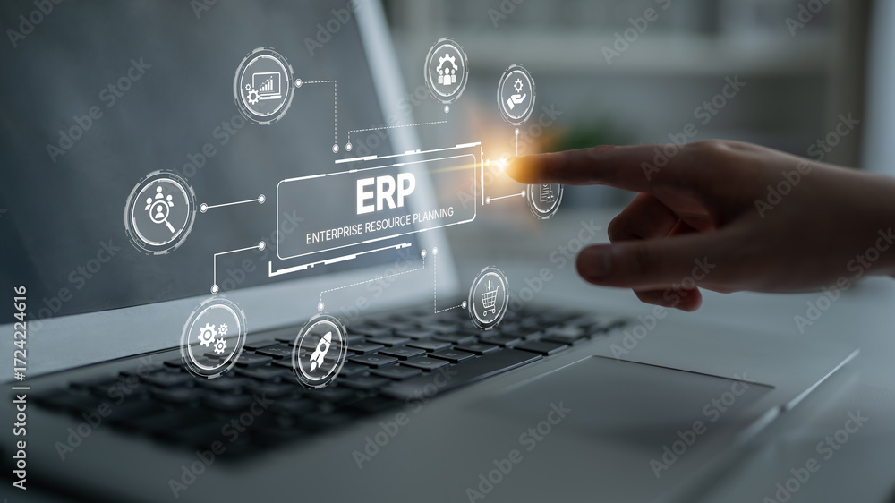 Poster erp platform visual showing centralized system for enterprise resource planning, improving integrati