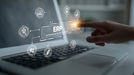 ERP platform visual showing centralized system for enterprise resource planning, improving integration, data flow, business efficiency, finance, inventory, and human resources. Spline