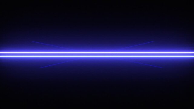 Straight neon lazer flickering line color blue splits into two with grid floor zooming into a starry space black background