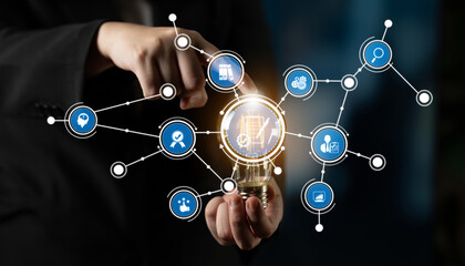 A business professional interacts with a futuristic technology interface, showcasing icons related to data analysis, innovation, and digital communication for modern enterprises. Crux