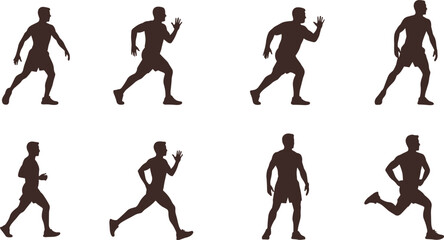 Human silhouette running and walking poses, motion sequence, athletic movement, black vector design on white background