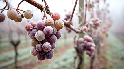 Grapes on a vine glazed with frost in a winter vineyard, left to freeze for a late harvest and concentrated sugars for producing specialty ice wine