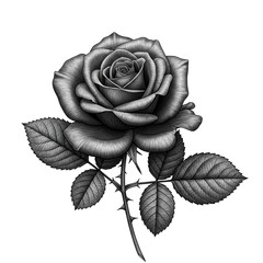 Monochrome rose with stem and leaves isolated on transparent background
