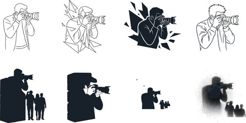 Photographer, camera, silhouette, sketch, geometric, halftone, abstract, illustration, style, action, pose, group, platform, block, icon
