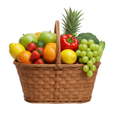 Wicker basket of fresh fruits and vegetables isolated on transparent background