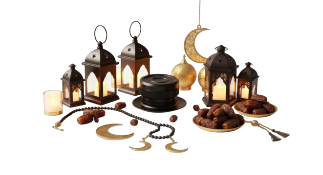 Warm lanterns, dates, prayer beads and crescent moons on black background