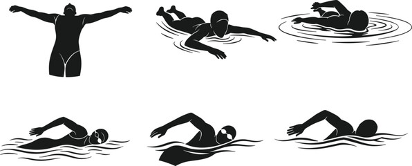 Swimming, silhouette, freestyle, breaststroke, backstroke, child, motion, water, sport, stroke, dive, splash, posture, technique, icon